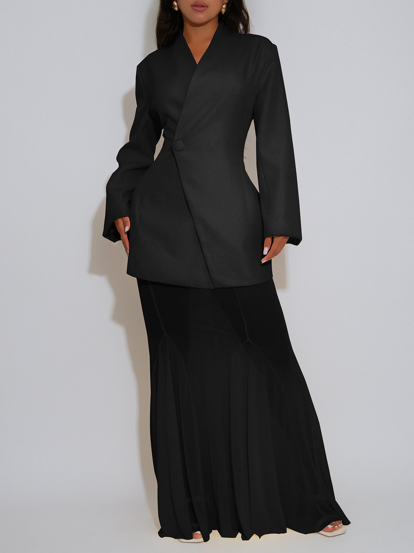 Women elegant autumn solid blazer and mesh two-piece skirt