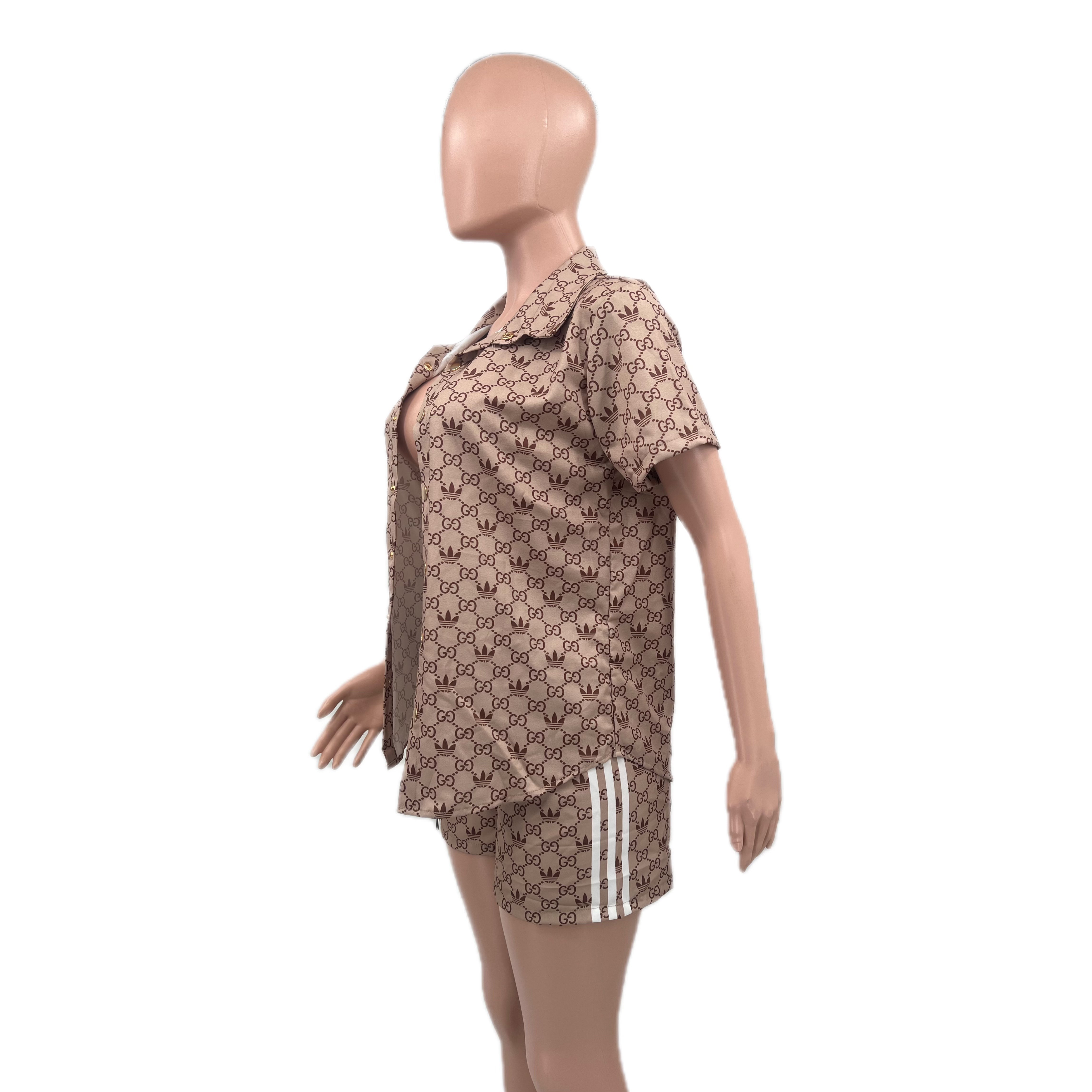 Women Print Turndown Collar Short-Sleeved Shirt 4