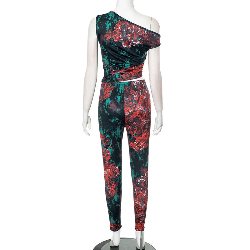 Summer Smudge Print Slash Shoulder Top Tight-Fitting Trousers Two-Piece set 9