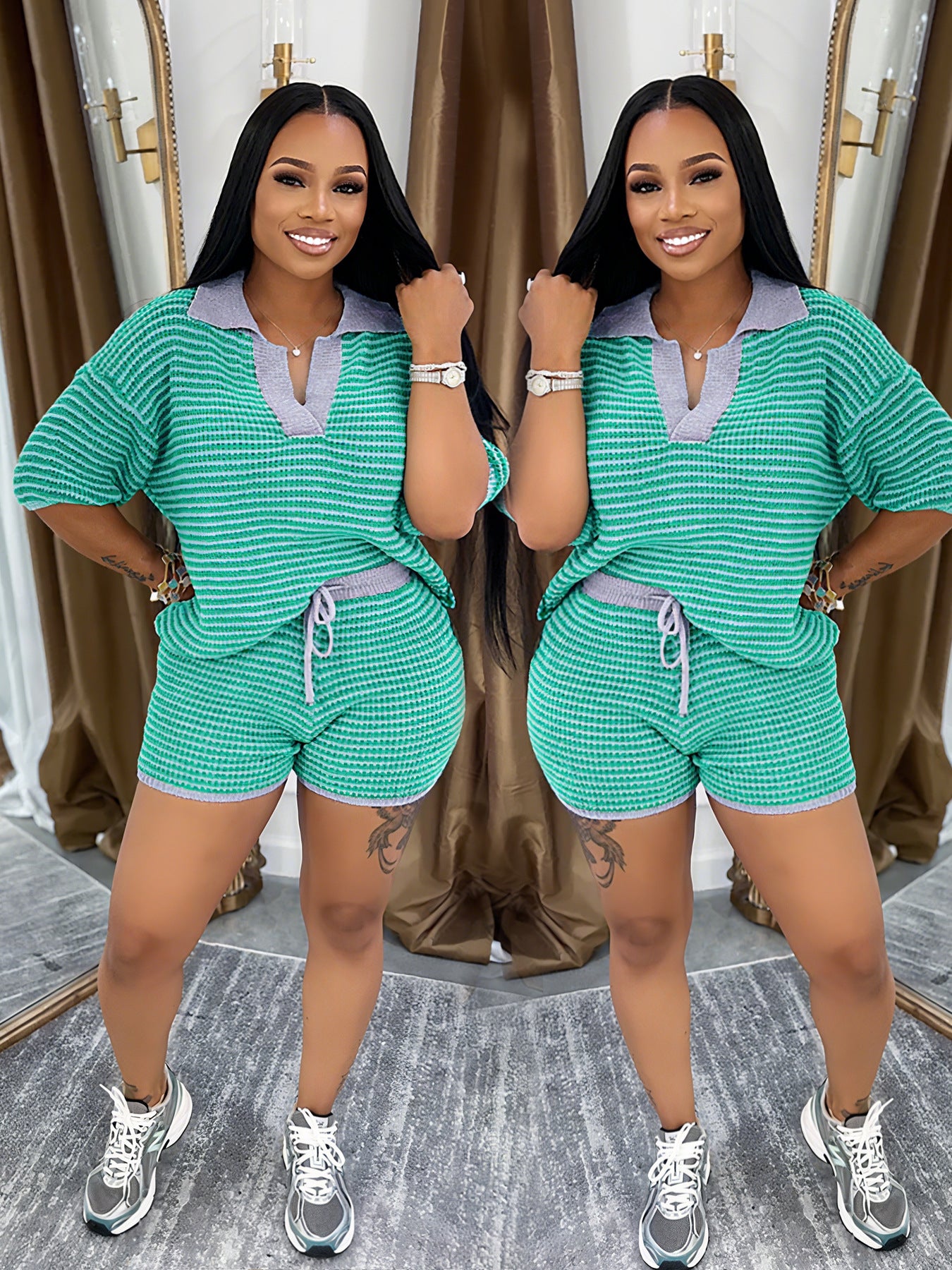 Women's Half-Sleeve V-Neck Striped Knit Top + High-Waist Shorts Casual Set