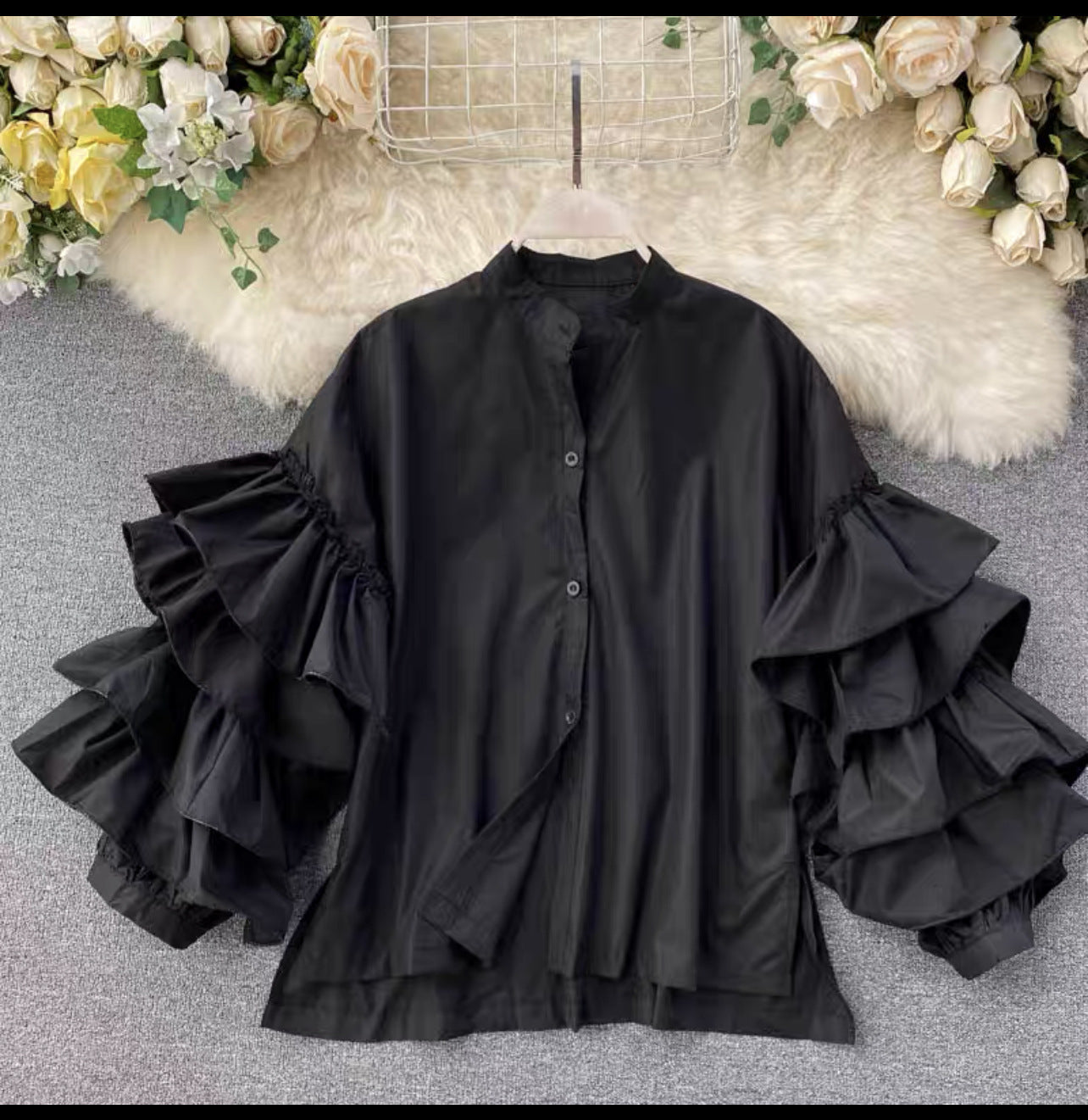 Women multi-layered ruffled Bell Bottom loose-sleeved Stand Collar shirt 3