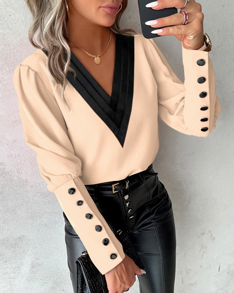 Women V Neck Solid Long Sleeve Button Top 8
