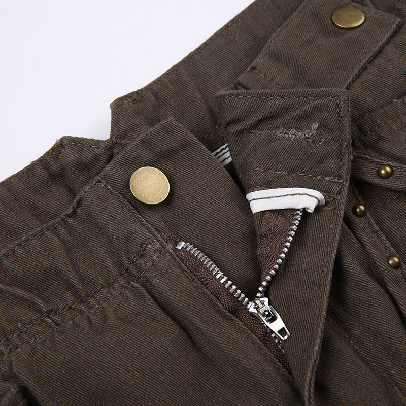 Women Beauty Street Retro Rivets Pockets Denim Skirt 12