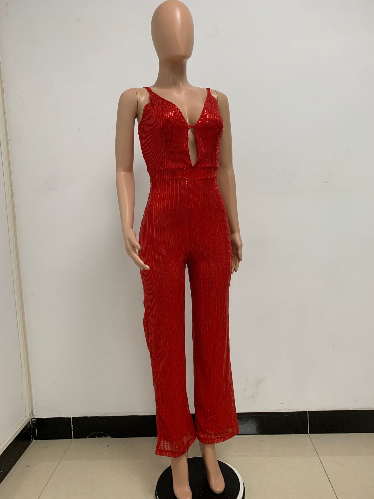 Deep V Neck Low Back Sleeveless Chic Sequined Straps Elegant Women's Party Jumpsuit 80