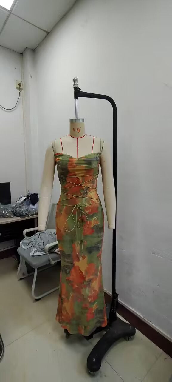 Women Sexy Double Tie-Dye Printed Backless Strap Dress 11