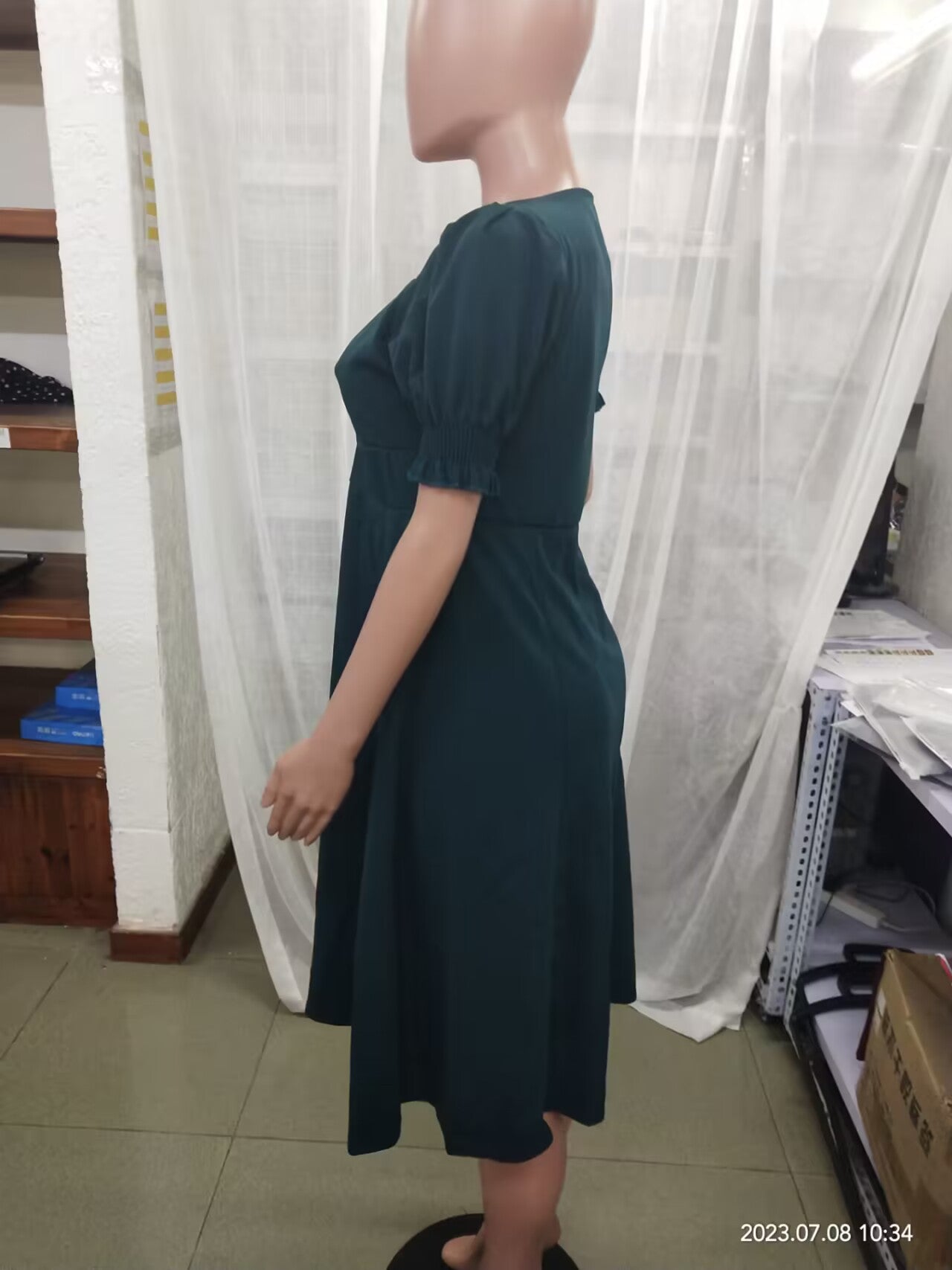 Women Summer French Style Puff Sleeve Square Neck Slit Long Dress 13