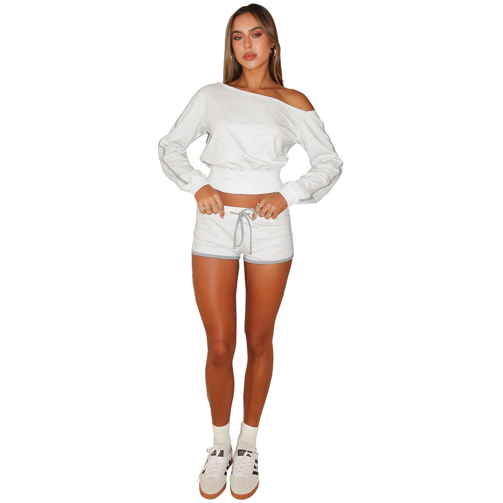 Women's Casual Slash Shoulder Long Sleeve Top Drawstring Shorts Two-Piece Set 13