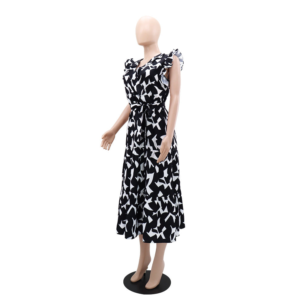 Chic Elegant Dress V-Neck Slim Waist Belt Black And White Printed Mid-Length Dress 6