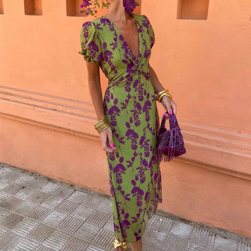 Women's fashion printed V-neck long dress 5