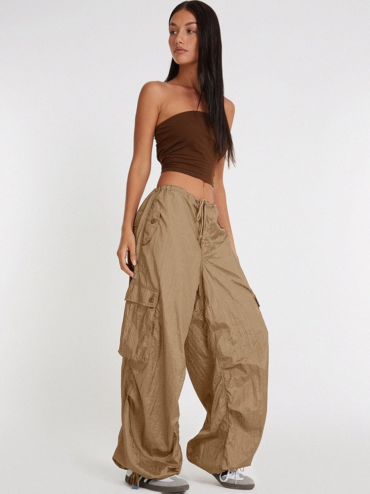 Large Pocket High Waist Casual Drawstring Slim Waist Cargo Pants For Women 4