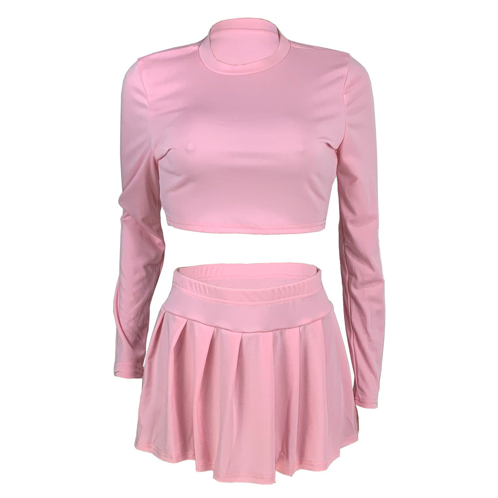 Women's fashion solid color Round Neck Crop slim long-sleeved top pleated short skirt two-piece set 20