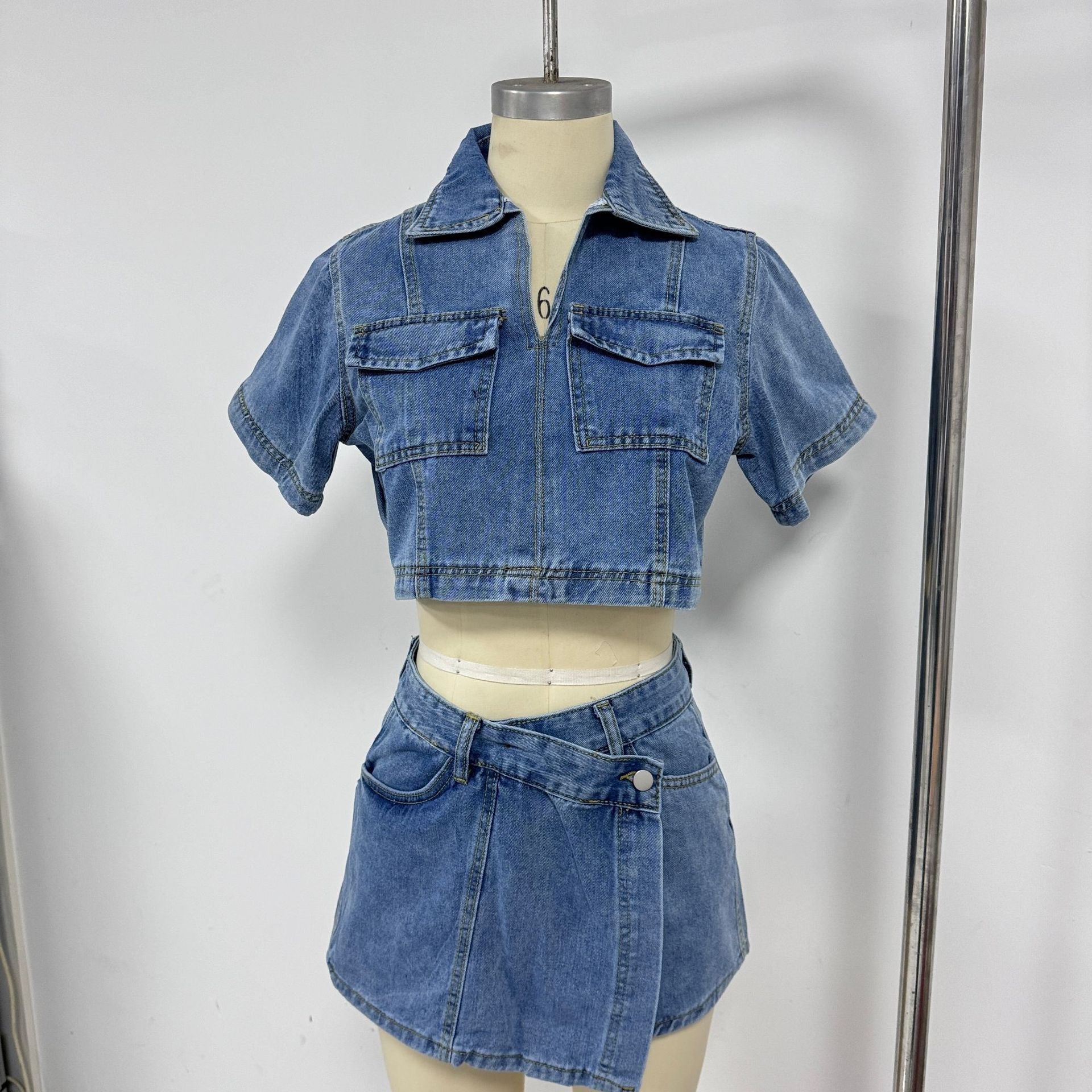 Summer V-Neck Top & High-Waist Denim Skort Set 9
