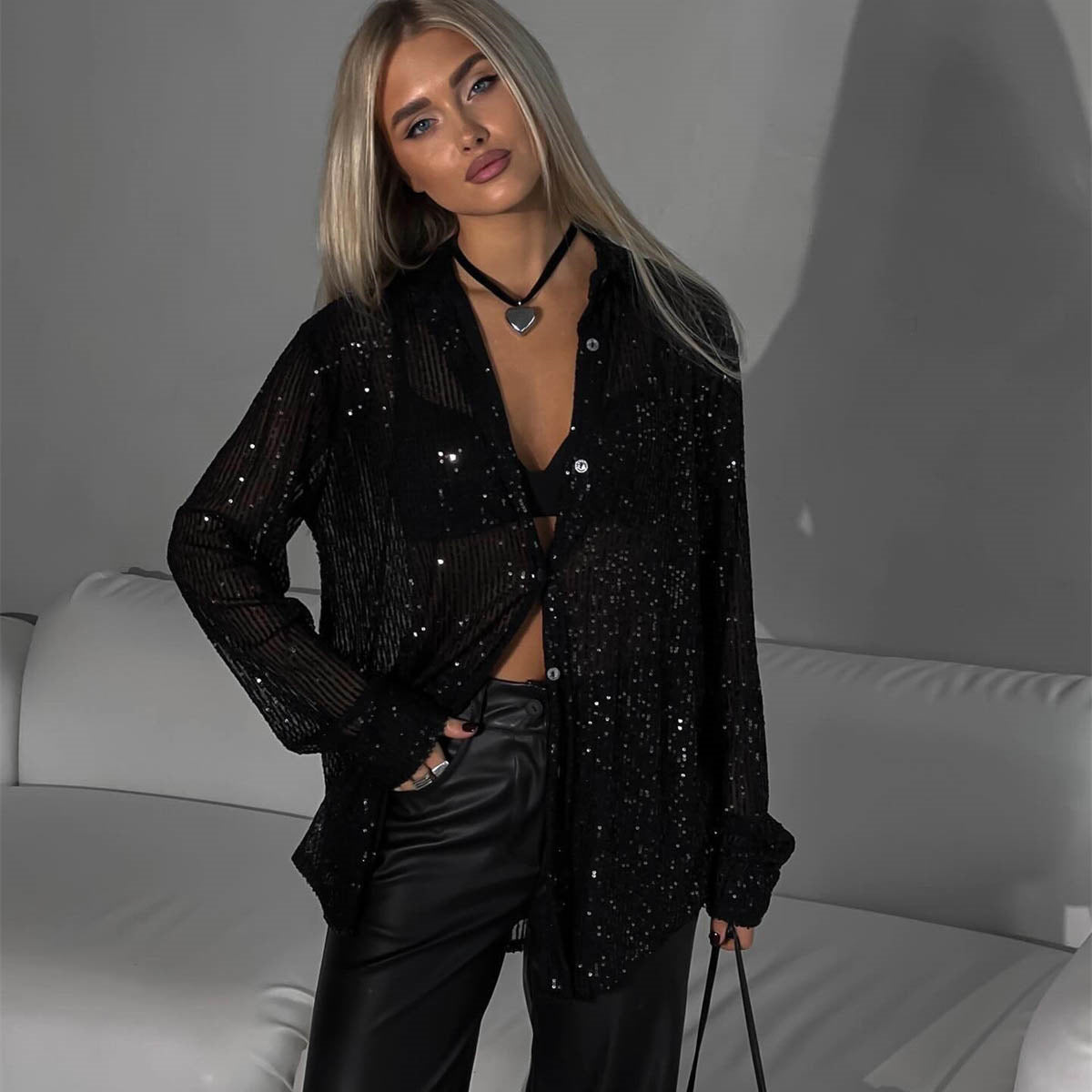 Women spring and summer sequined Top Turndown Collar long-sleeved shirt