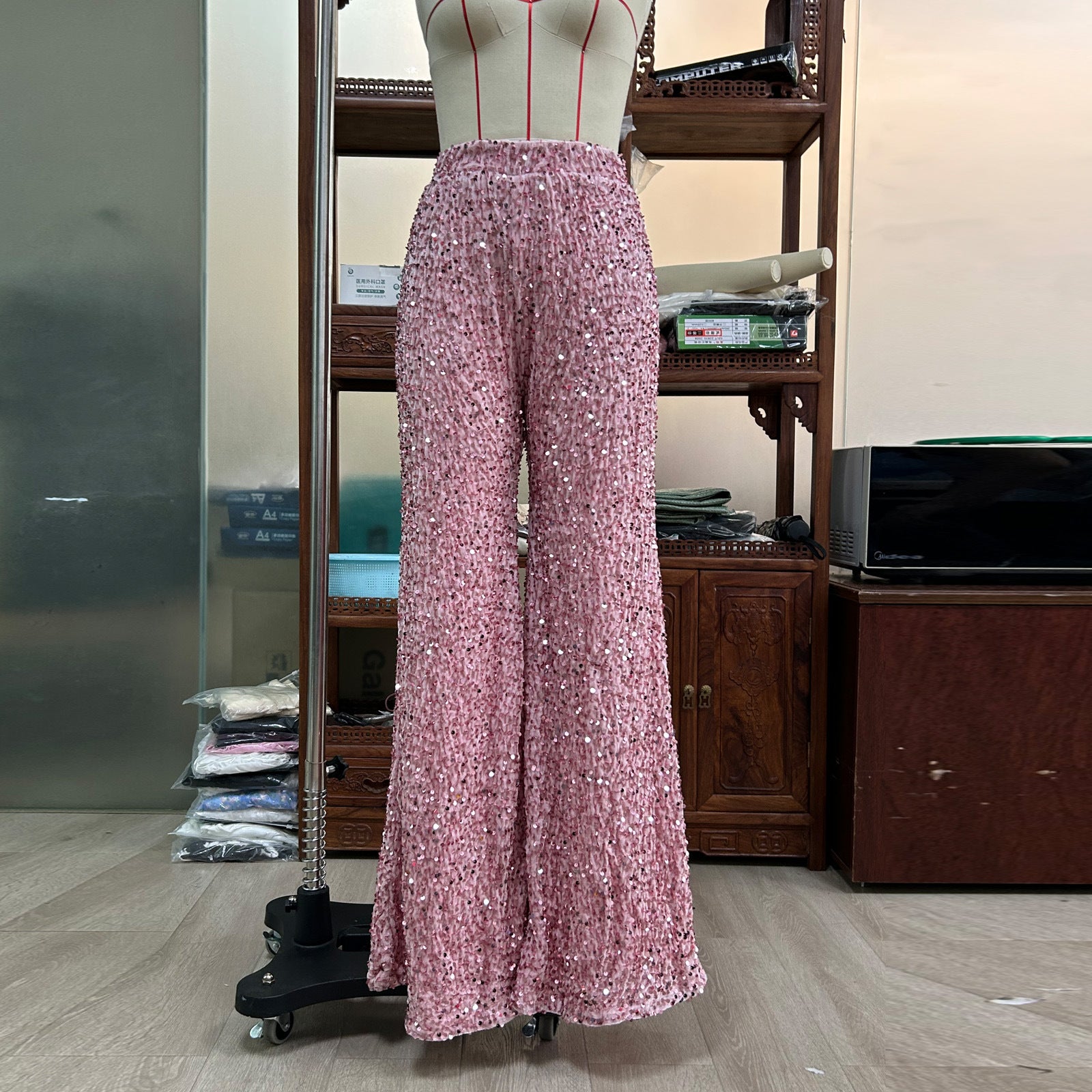 Women Solid Color Sequin Fashion Casual High Waist Wide Leg Pants 9