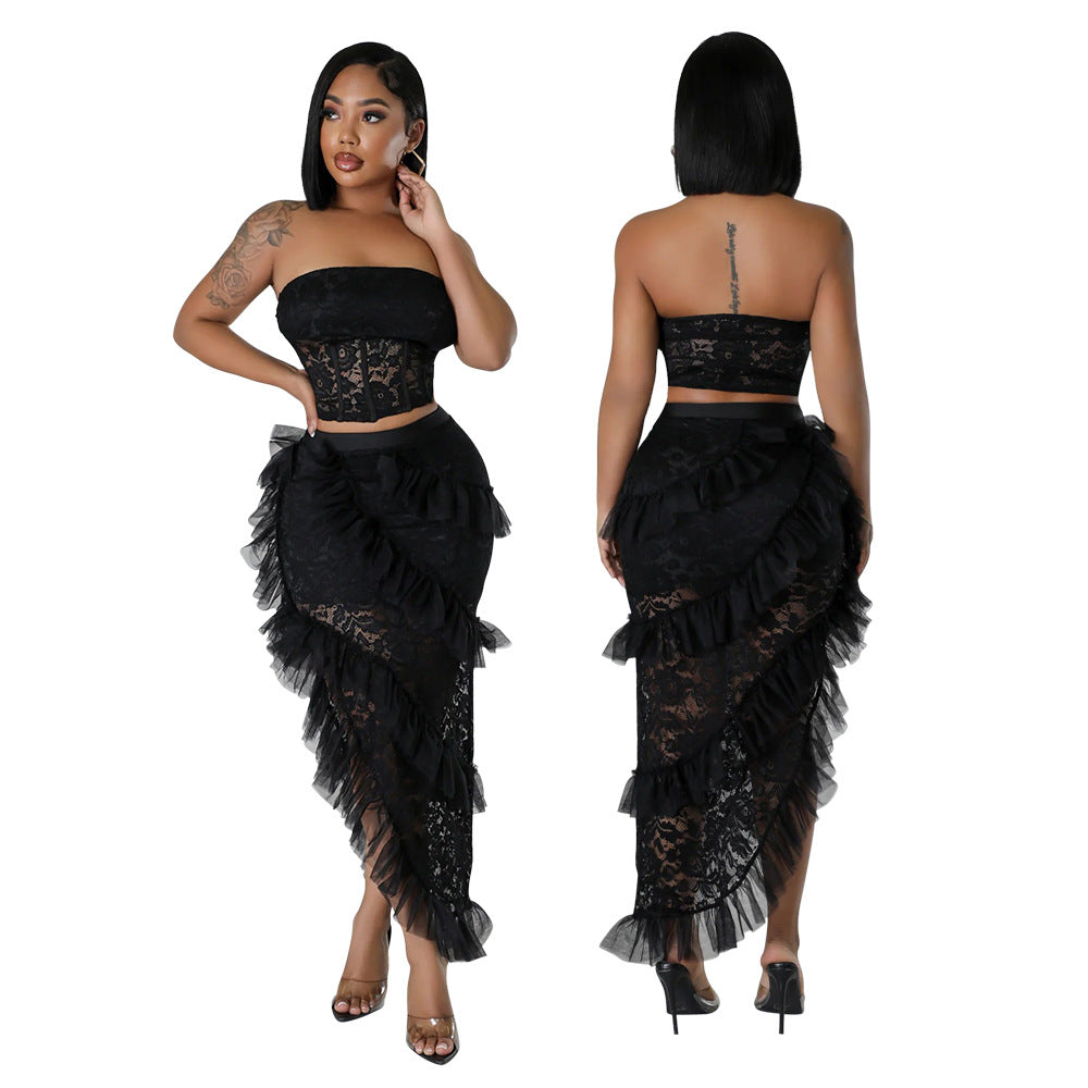 lace Strapless top irregular skirt solid color women two-piece set 3