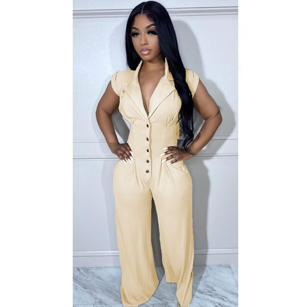 Button Elastic Short Sleeve Stand Collar Wide Leg Jumpsuit 4