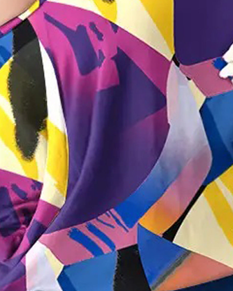 Women's Summer Fashion Print Short Sleeve Shorts Pocket Print Suit 5