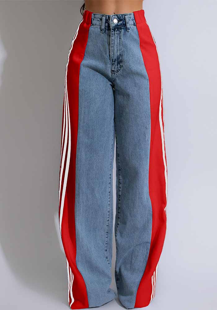 Summer Fashion Patchwork Three Stripes Wide Leg Denim Pants Women's Casual High Waist Stretch Straight Jeans