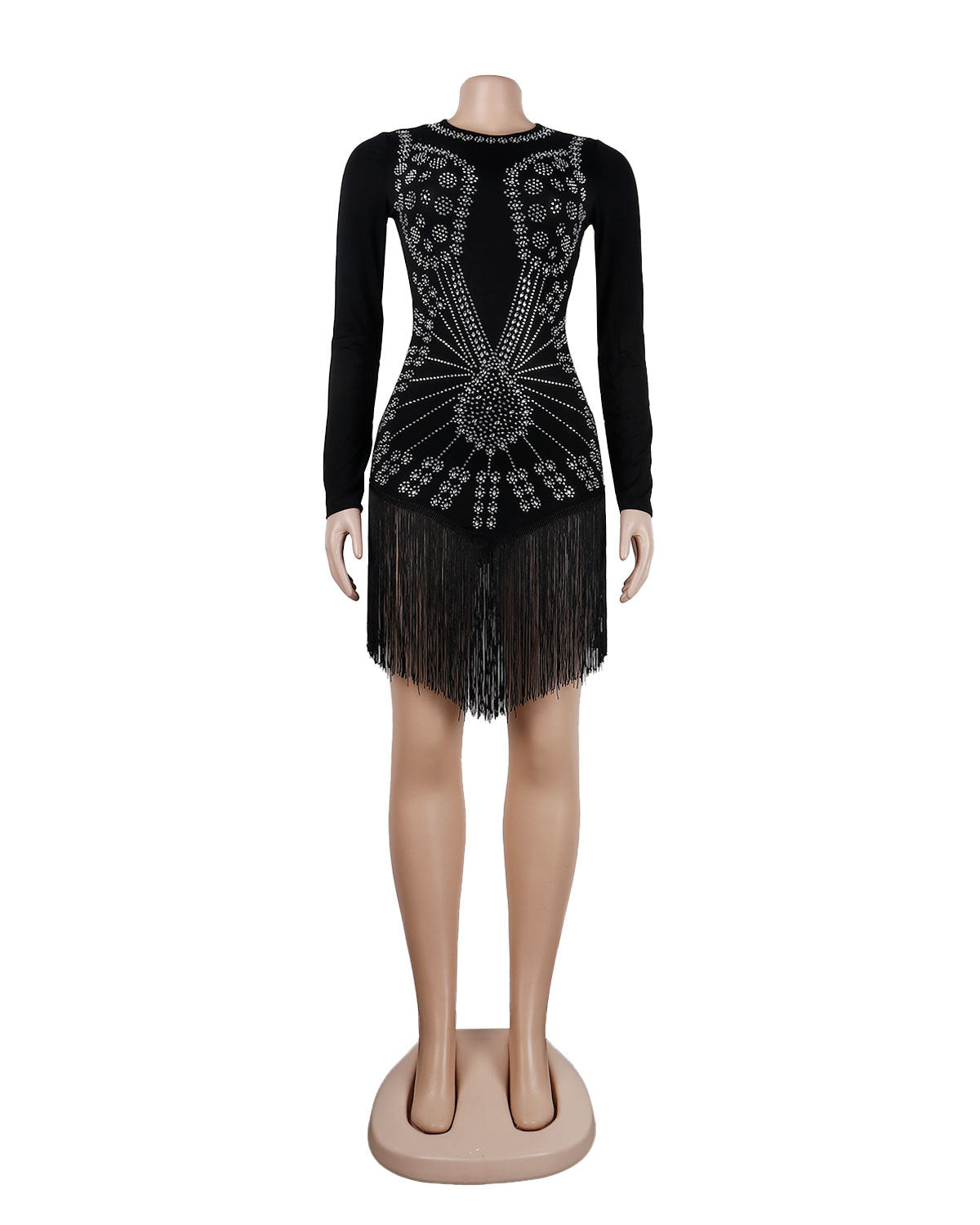 Women Sexy Long Sleeve Rhinestone Fringe Bodycon Dress 25