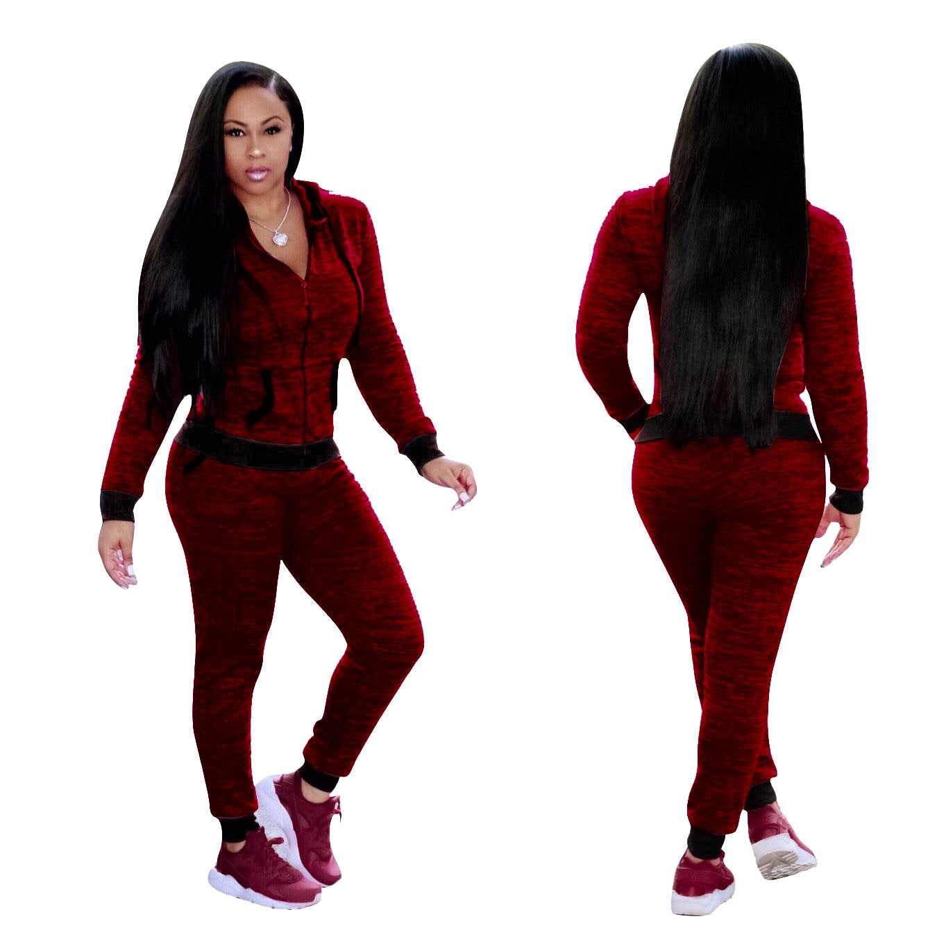 Women'S Zip Hooded Long Sleeve Tracksuit Two-Piece Trousers Set 8