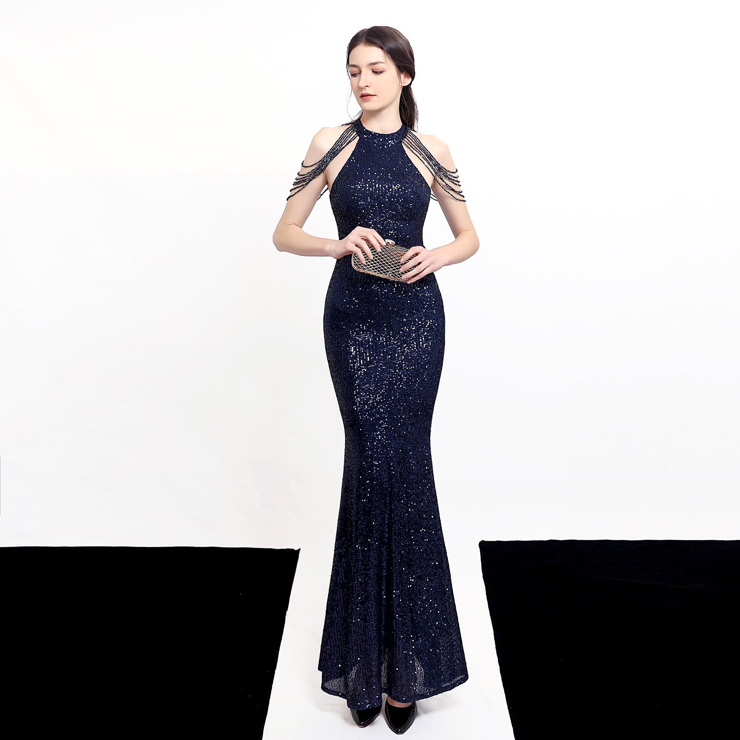 Women Elegant Long Halter Sequins Fishtail Evening Dress 12