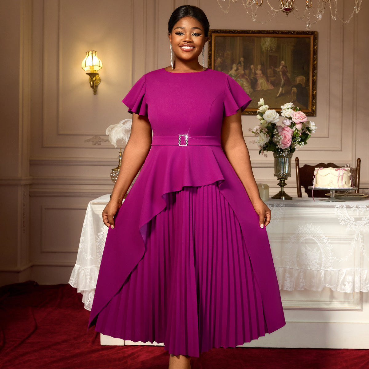 Plus Size Women Round Neck Short Sleeve Irregular Ruffle Elegant Dress