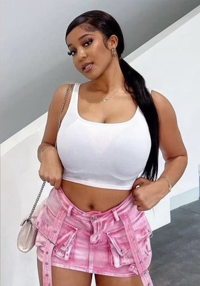 Women retro Top and pink pocket Lace-Up Cargo short skirt two-piece set