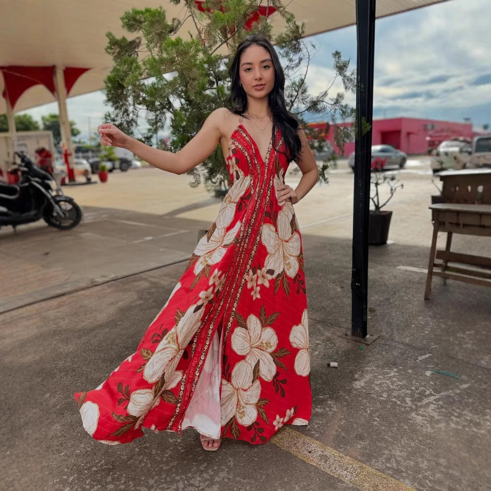 Women Spring and Summer Off-shoulder V-neck Strapless Printed Maxi Dress 7