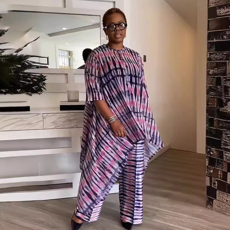 Women printed irregular Top and wide-leg Pant two-piece set 3