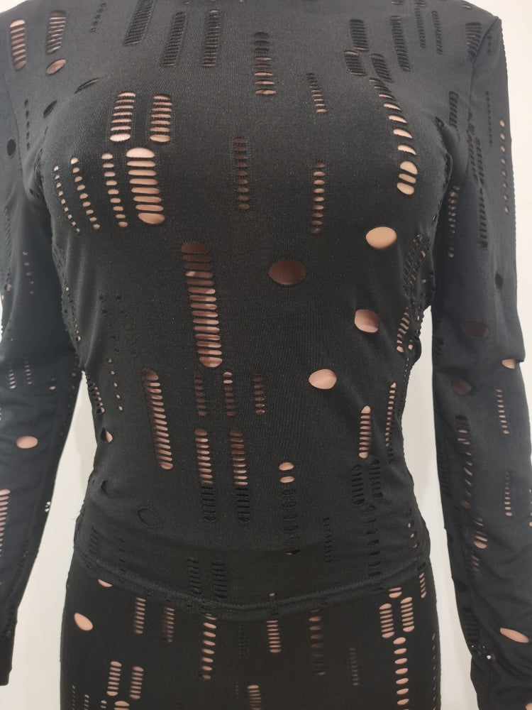 Spring Black Sexy Hollow Out Tight Top and Pants Two Piece Set 9