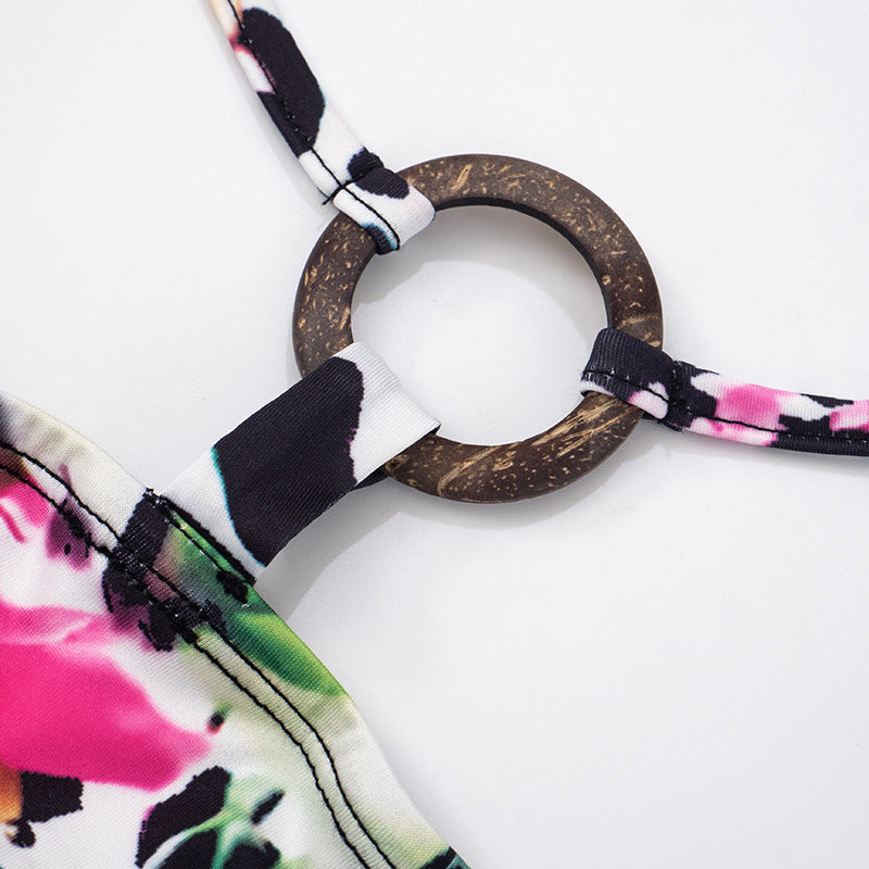 Spring & Summer Women's Irregular Ring Buckle Strappy Print Low Back Tight-Fitting Two Piece Shorts Set 15