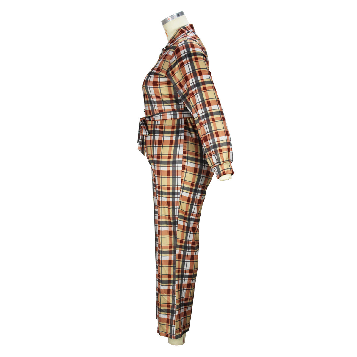Plus Size Women's Autumn Fashion Long Sleeve Plaid Print Casual Jumpsuit 10