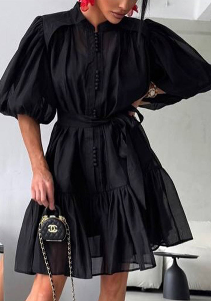 Women Solid Puff Sleeve Short Skirt Lace-Up Dress