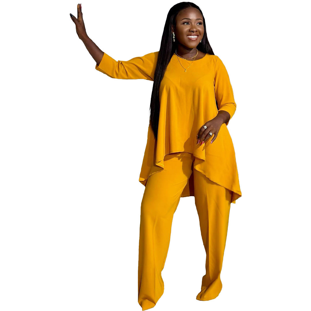 Women Irregular Hem Solid Top and Pant Two-piece Set 6
