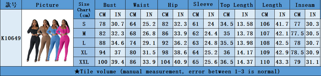 Women's Square Neck Long Sleeve Lace Up Top Sexy Tight Fitting Pencil Pants Fashion Two Piece Set 13