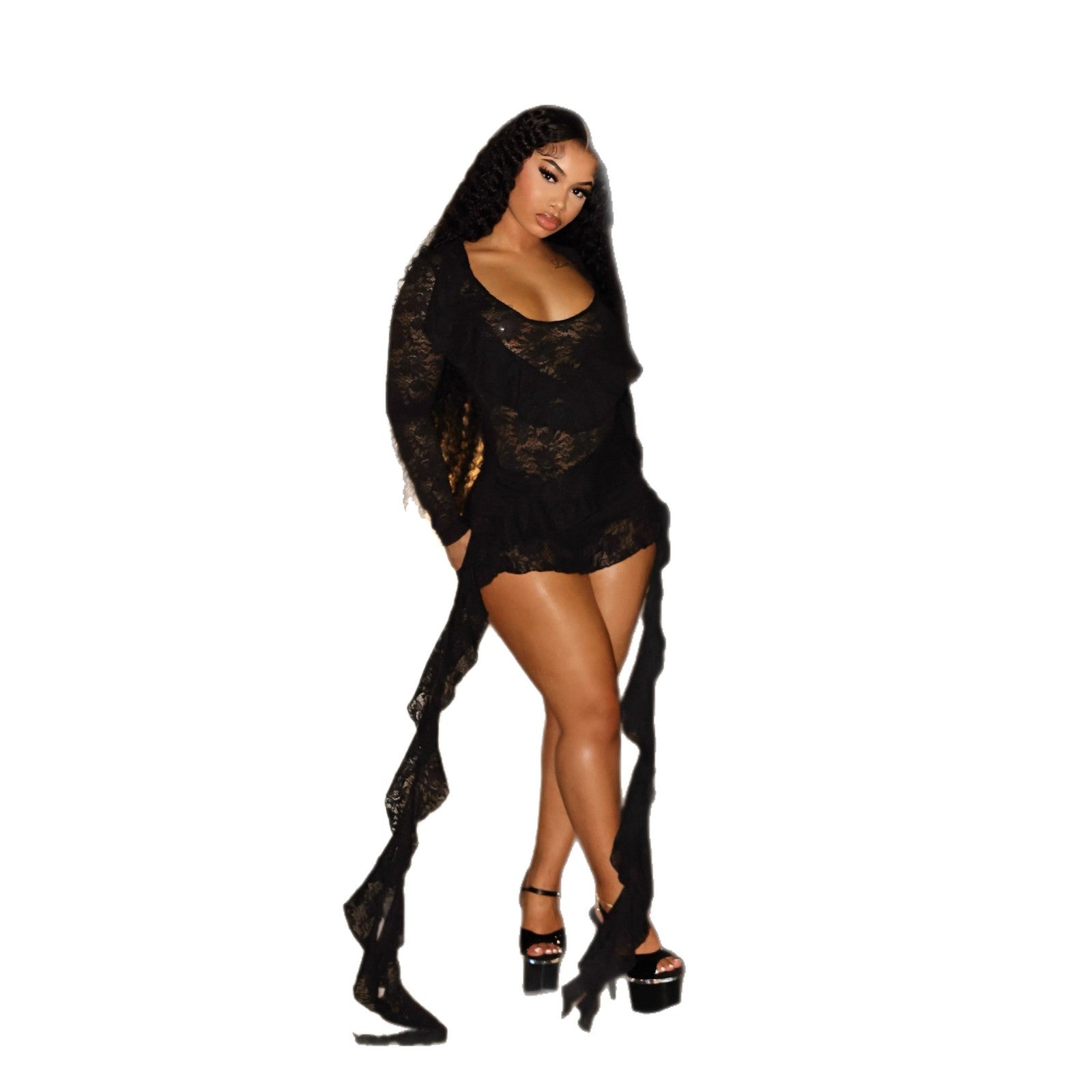 Autumn Winter Women's Sexy Lace Deep V-Neck Long Sleeve Irregular Ruffle Ribbon Bodycon Dress 7