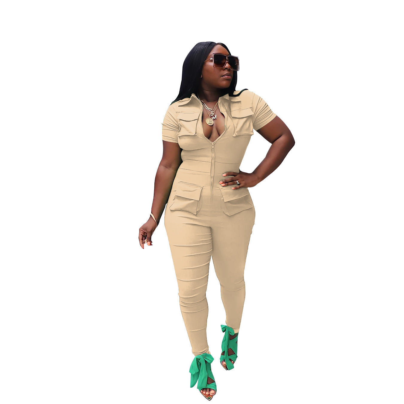 Solid Color Zipper Camo/Solid Color Pocket Women's Cargo Jumpsuit Fashion Casual Women's Clothing 6