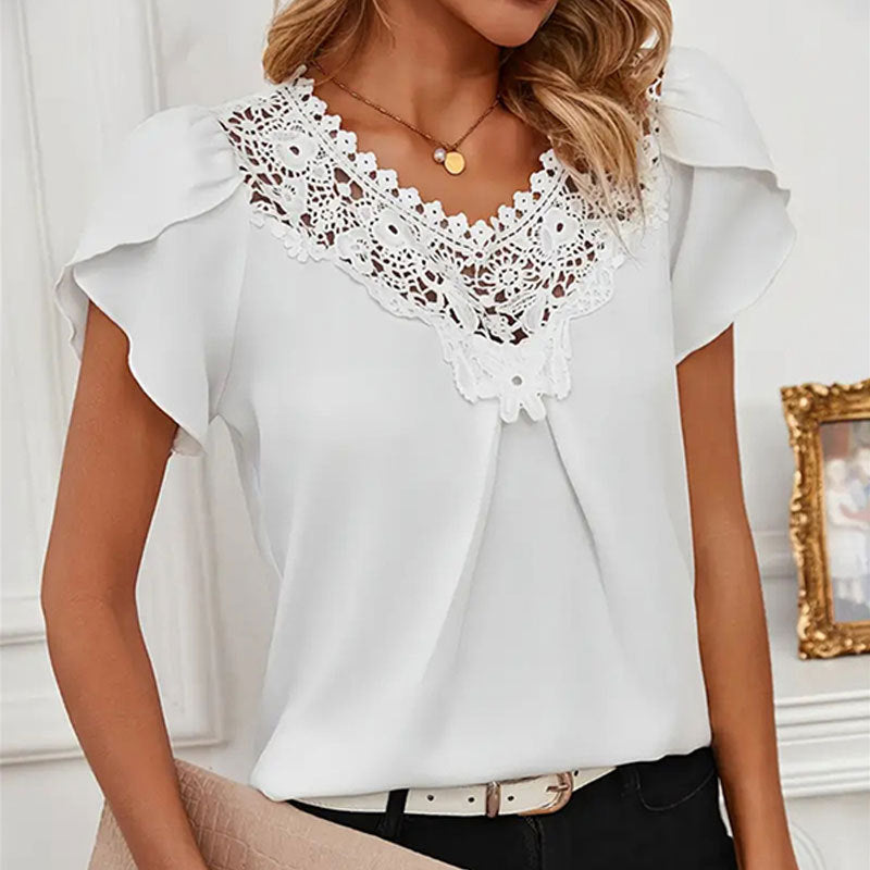 Women's Solid Color Lace short Sleeve T-shirt Spring and Summer Tops 8