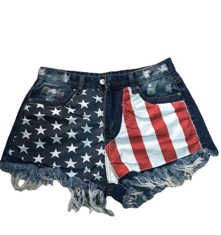 Women American Flag Ripped Tassel Denim Shorts 8