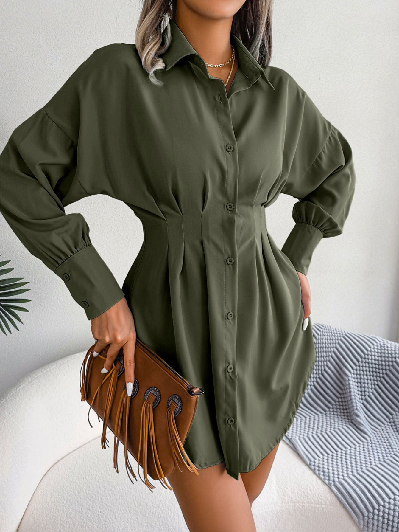 Women spring and summer casual lantern sleeve asymmetric shirt dress 3