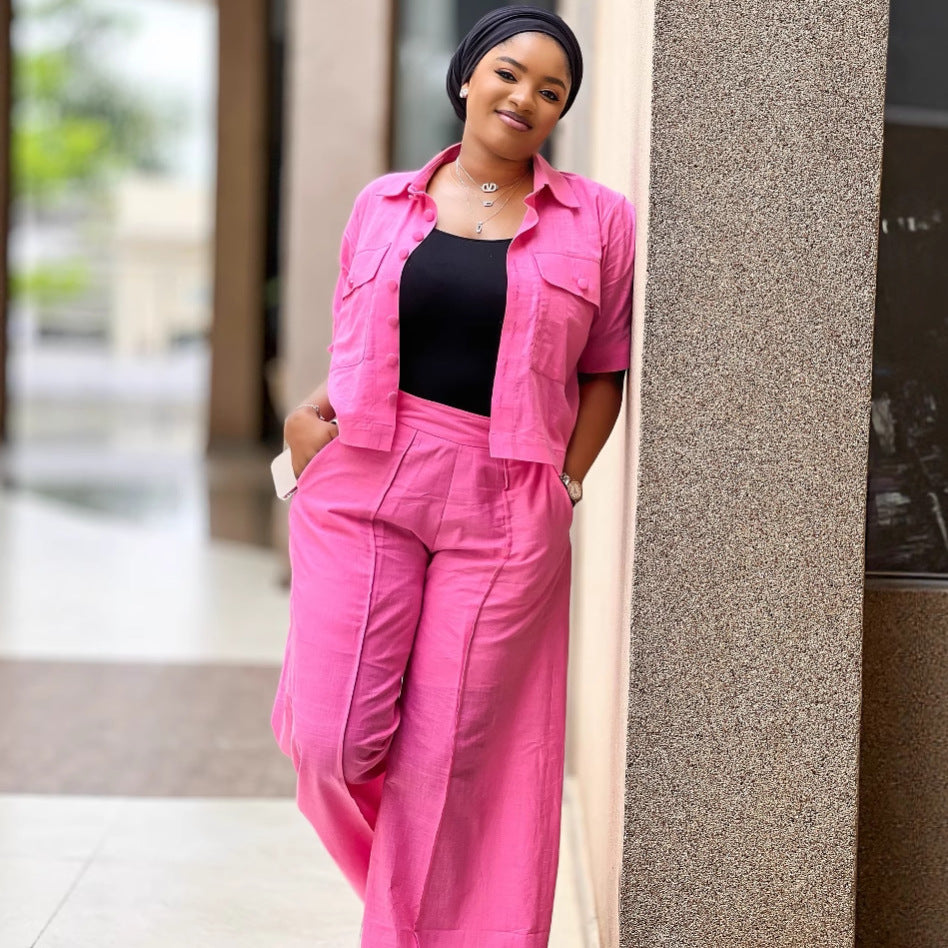 African Women career solid short-sleeved shirt with wide-leg pants two-piece set 4