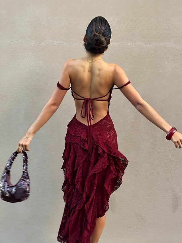 Summer Women's Sexy Lace See-Through Irregular Strapless Dress 5