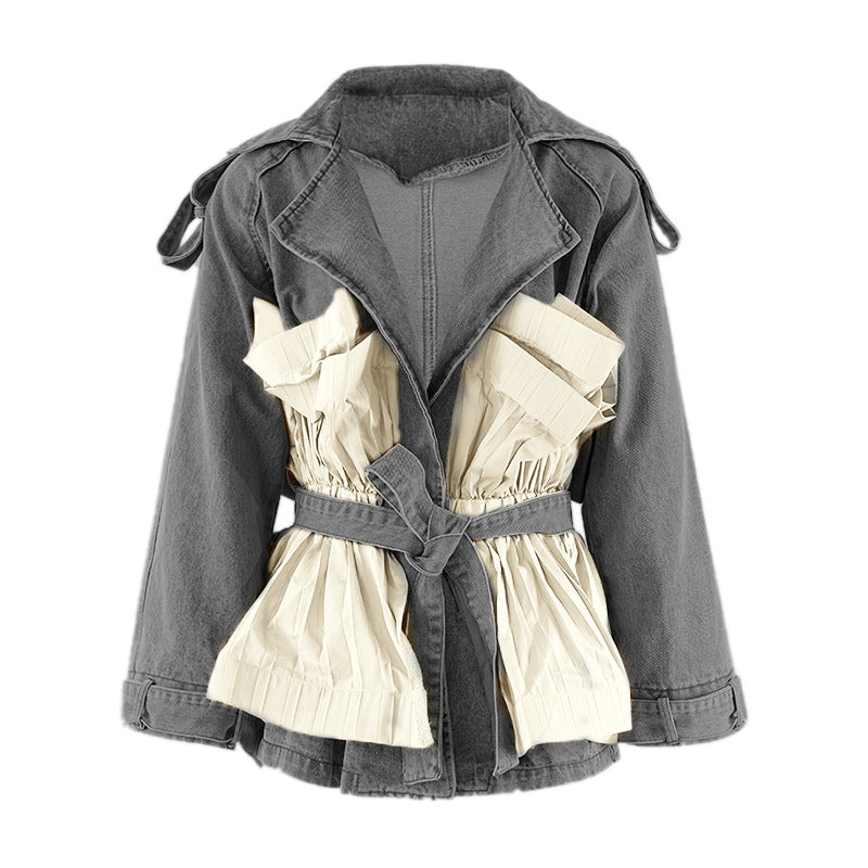 Women's Autumn Ruffle Contrast Color Patchwork Belt Turndown Collar Denim Jacket 4