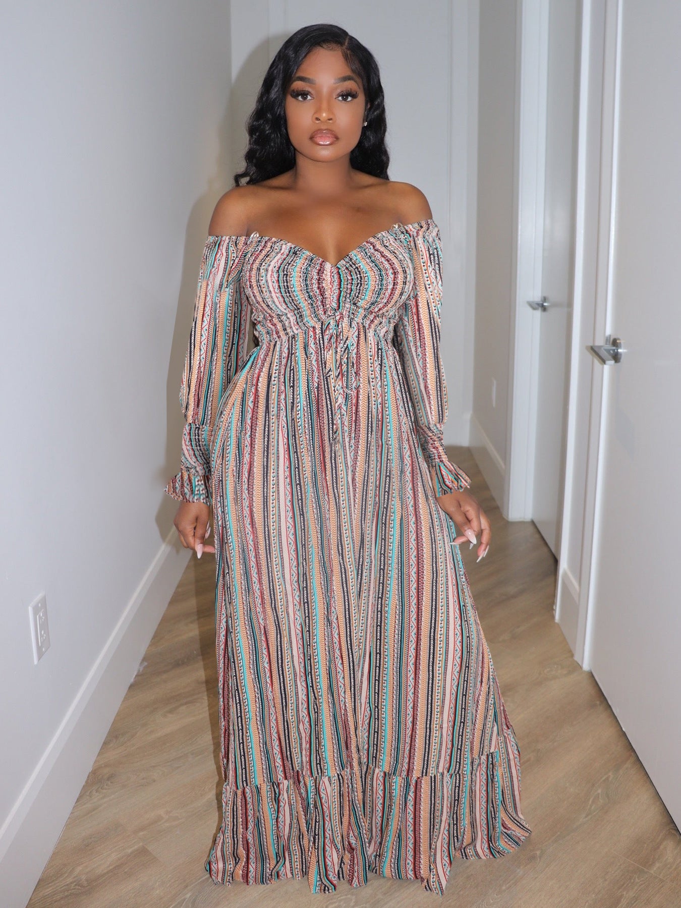Autumn winter Casual Women's Off Shoulder long sleeve Striped maxi Dress