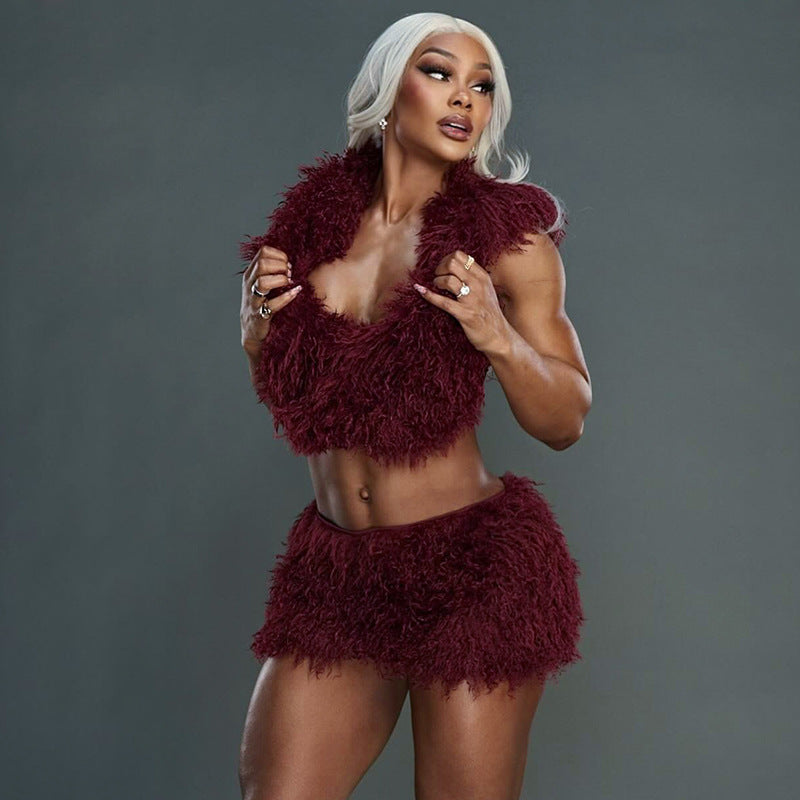 Women's Faux Fur U-Neck Hooded Low Back Top & Skirt Two-Piece Set 25