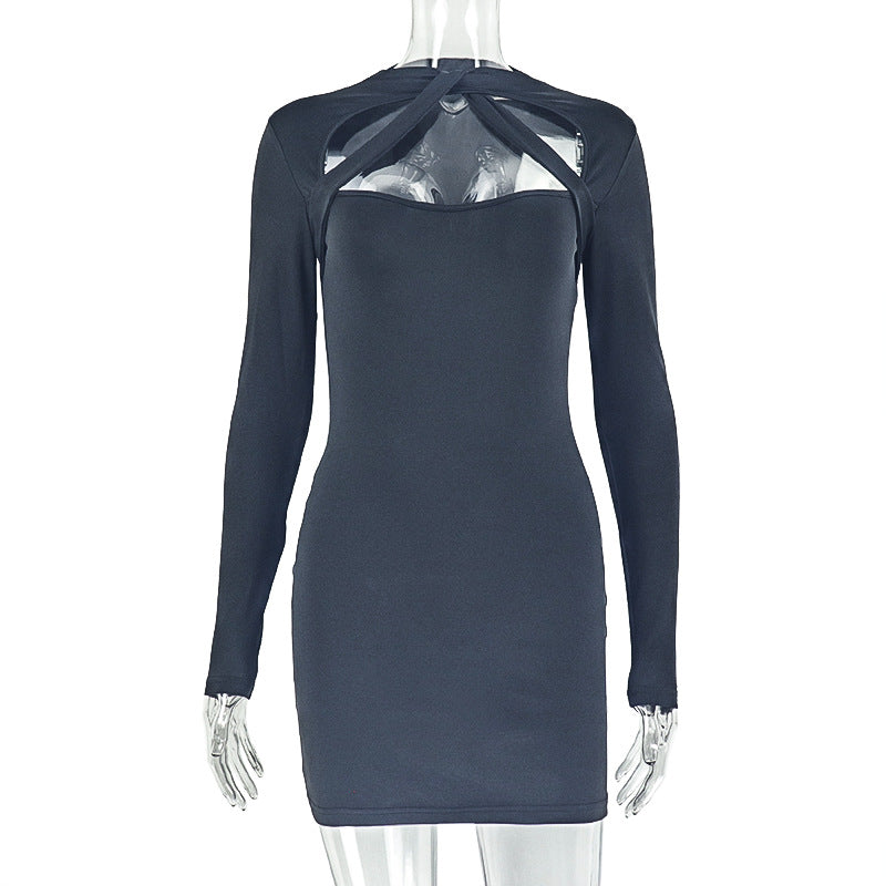 Women's Solid Color Hollow Out Sexy Fashion Long Sleeve Slim Waist Bodycon Short Dress 5