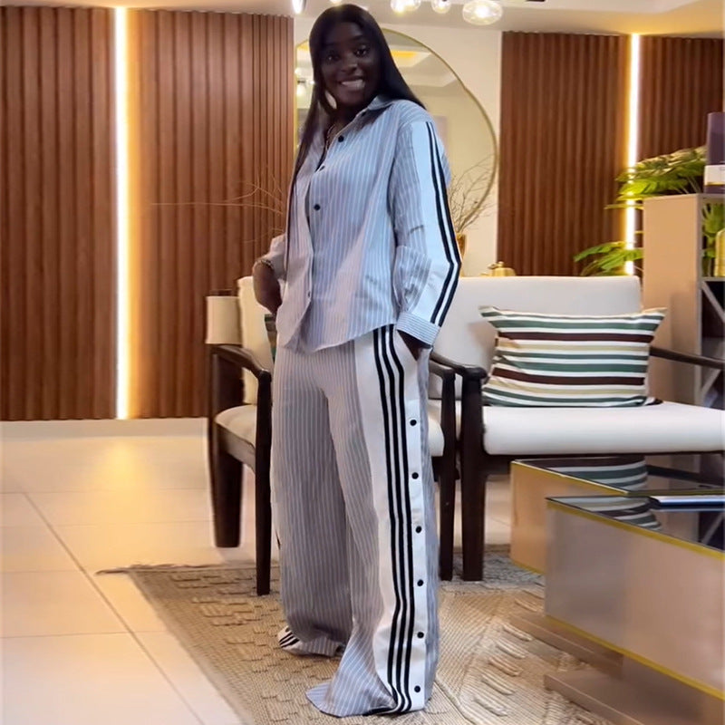 Women summer Turndown Collar striped long-sleeved shirt wide-leg pants Casual two-piece set 3