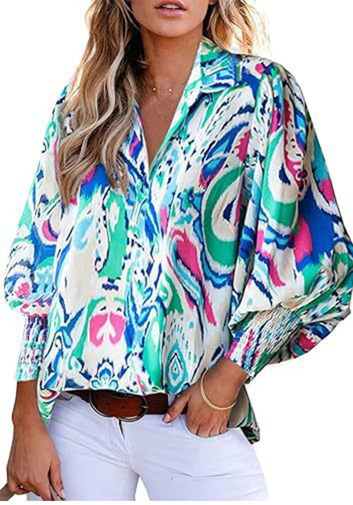 Autumn winter women's long-sleeved printed top Turndown Collar lantern sleeve shirt 10