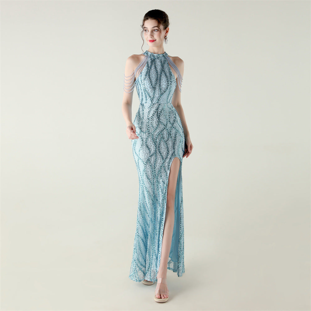 Women sequined sequined tube flower beaded sexy backless fishtail Formal Party evening dress 11