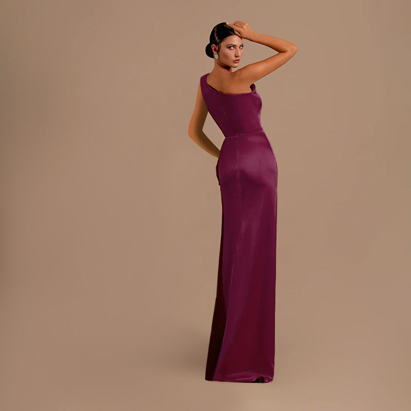 Women one-shoulder sexy slit satin dress dress 9